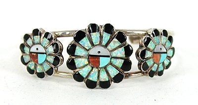 Authentic Native American Vintage NOS Sterling Silver Inlay Sunface Bracelet 6 3/4 inch by Zuni silversmith Marisal Selecion