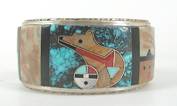 Vintage Sterling Silver and Zuni Inlay Bear Bracelet 7 inch