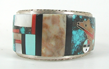 Vintage Sterling Silver and Zuni Inlay Bear Bracelet 7 inch