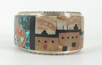 Vintage Sterling Silver and Zuni Inlay Bear Bracelet 7 inch