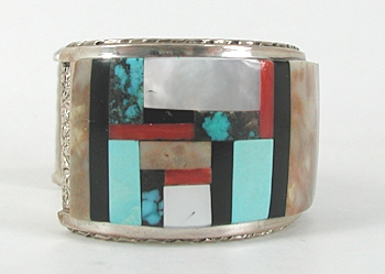 Vintage Sterling Silver and Zuni Inlay Bear Bracelet 7 inch