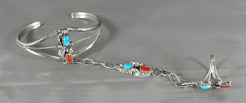 vintage sterling silver turquoise and coral slave bracelet 5 3/4