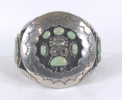 vintage sterling silver and turquoise shadowbox kachina  bracelet 6 1/8 inch