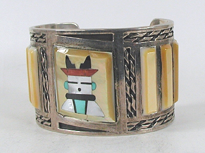 sterling silver and Vintage MOP Kachina Inlay bracelet 6 5/8 inch