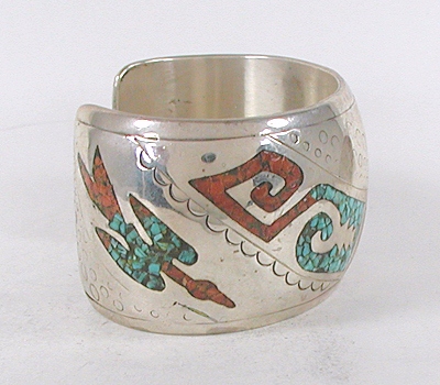 vintage sterling silver turquoise and coral chip inlay bracelet 6 1/2 inch