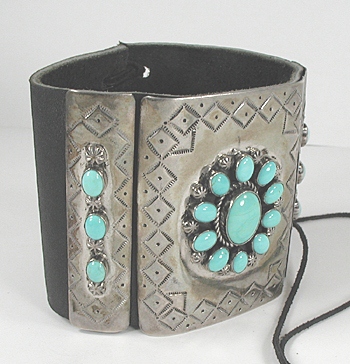 Authentic Native American sterling silver and turquoise ketoh leather cuff bowguard by Navajo artist Joey Allen