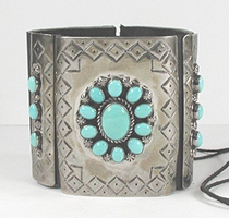 Authentic Native American sterling silver and turquoise ketoh leather cuff bowguard by Navajo artist Joey Allen