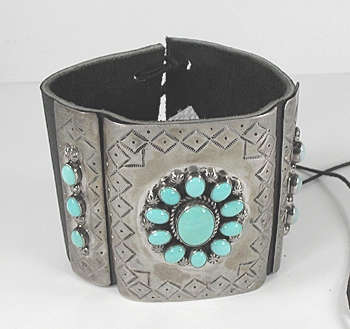 Authentic Native American sterling silver and turquoise ketoh leather cuff bowguard by Navajo artist Joey Allen