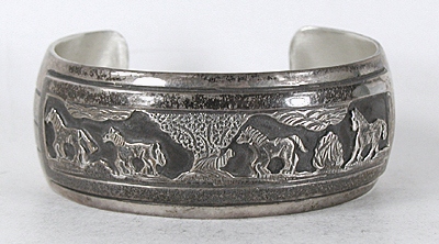 Authentic Native American Sterling Silver Storyteller Horse Bracelet 7 inch by Navajo silversmith Tillie Jon