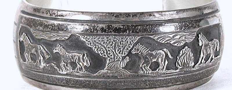 Authentic Native American Sterling Silver Storyteller Horse Bracelet 7 inch by Navajo silversmith Tillie Jon