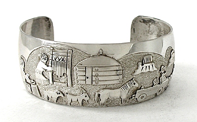 Authentic Native American Sterling Silver Storyteller Bracelet 7 inch by Navajo silversmith Kee Brown