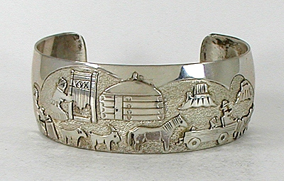 Authentic Native American Sterling Silver Storyteller Bracelet 7 inch by Navajo silversmith Kee Brown
