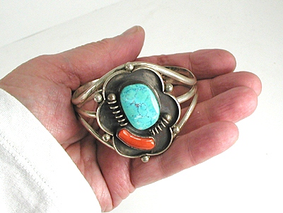 Vintage Authentic Native American Sterling Silver Turquoise and Coral Bracelet 6 1/2 inch