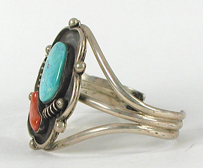 Vintage Authentic Native American Sterling Silver Turquoise and Coral Bracelet 6 1/2 inch