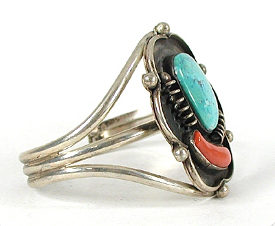 Vintage Authentic Native American Sterling Silver Turquoise and Coral Bracelet 6 1/2 inch