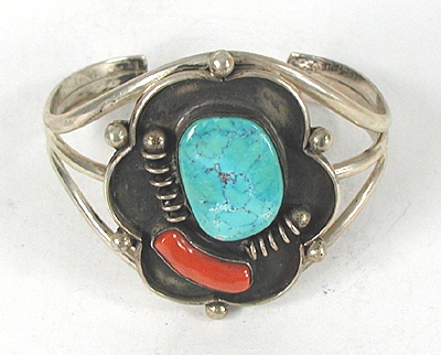 Vintage Authentic Native American Sterling Silver Turquoise and Coral Bracelet 6 1/2 inch