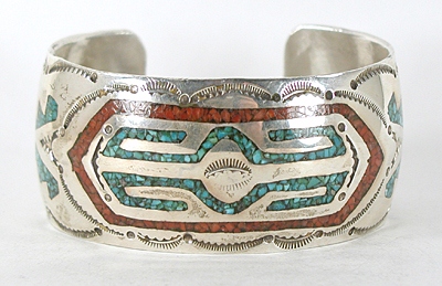 Vintage Sterling Silver Chip Inlay Bracelet 6 3/4 inch by Navajo artist Hyson Craig