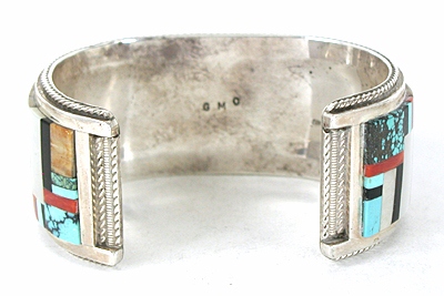 Authentic Native American Sterling Silver Inlay Adobe Bracelet by Zuni artists Gilbert and Mildred Calavaza size 7 5/8