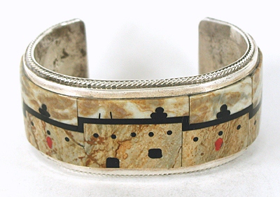 Authentic Native American Sterling Silver Inlay Adobe Bracelet by Zuni artists Gilbert and Mildred Calavaza size 7 5/8