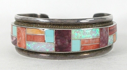 Authentic Native American Sterling Silver and Stone Inlay Bracelet 6 1/4 inch by Zuni artists Ricknell and Glendora Booqua