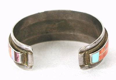 Authentic Native American Sterling Silver and Stone Inlay Bracelet 6 1/4 inch by Zuni artists Ricknell and Glendora Booqua