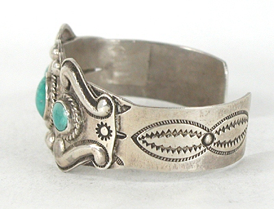 Vintage stamped and repousse Sterling Silver and three stone Turquoise Bracelet 6 1/2 inch