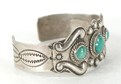 Vintage stamped and repousse Sterling Silver and three stone Turquoise Bracelet 6 1/2 inch