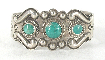 Vintage stamped and repousse Sterling Silver and three stone Turquoise Bracelet 6 1/2 inch