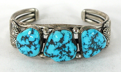 Authentic Native American Sterling Silver Turquoise Nugget Bracelet 6 3/4 inch by Navajo artisan Ernest Bilagoda