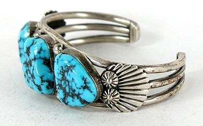 Authentic Native American Sterling Silver Turquoise Nugget Bracelet 6 3/4 inch by Navajo artisan Ernest Bilagoda