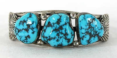 Authentic Native American Sterling Silver Turquoise Nugget Bracelet 6 3/4 inch by Navajo artisan Ernest Bilagoda