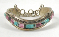 vintage hinged link bracelet inlay of purple spiny oyster and turquoise  fits up to 7 inch wrist 