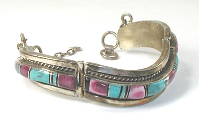 vintage hinged link bracelet inlay of purple spiny oyster and turquoise  fits up to 7 inch wrist 
