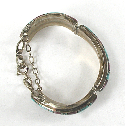 vintage hinged link bracelet inlay of purple spiny oyster and turquoise  fits up to 7 inch wrist 