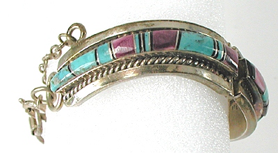 vintage hinged link bracelet inlay of purple spiny oyster and turquoise  fits up to 7 inch wrist 
