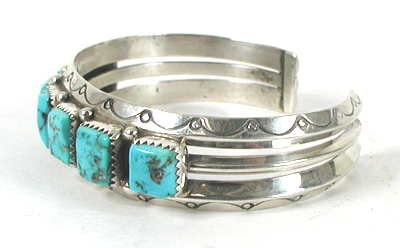 Authentic Native American new old stock Sterling Silver and Turquoise Row Bracelet 6 7/8 inch by Navajo artisan Sarah Curley