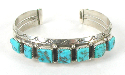 Authentic Native American new old stock Sterling Silver and Turquoise Row Bracelet 6 7/8 inch by Navajo artisan Sarah Curley