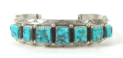 Authentic Native American new old stock Sterling Silver and Turquoise Row Bracelet 6 7/8 inch by Navajo artisan Sarah Curley