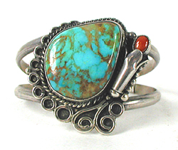 Vintage Sterling Silver, Turquoise and Coral Squash Blossom Bracelet 6 1/2 inch