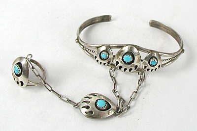 vintage sterling silver and Turquoise bear paw Slave Bracelet 6 inch with size 3 1/4 ring 