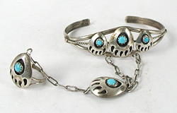 Vintage Sterling Silver and Turquoise Slave Bracelet 6 inch with size 7 ring