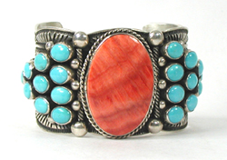 Authentic Native American Sterling Silver, turquoise and Orange Spiny Oyster Bracelet 6 3/4 inch by Navajo artisan Guy Hoskie