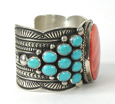 Authentic Native American Sterling Silver, turquoise and Orange Spiny Oyster Bracelet 6 3/4 inch by Navajo artisan Guy Hoskie