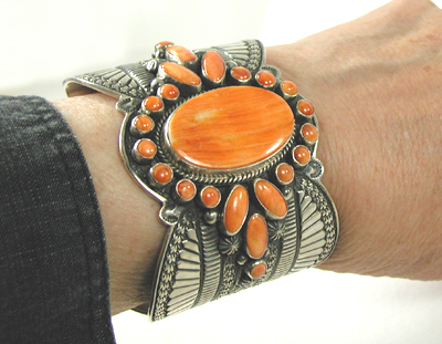 Authentic Native American Sterling Silver Orange Spiny Oyster Bracelet 7 inch by Navajo artisan Guy Hoskie