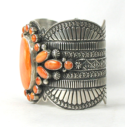 Authentic Native American Sterling Silver Orange Spiny Oyster Bracelet 7 inch by Navajo artisan Guy Hoskie