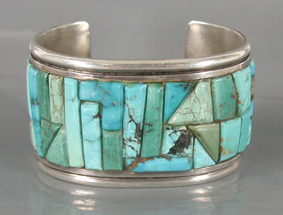 Authentic Native American Sterling Silver Turquoise Cobblestone Inlay Bracelet 7 inch by Zuni artisan Arlan Gasper