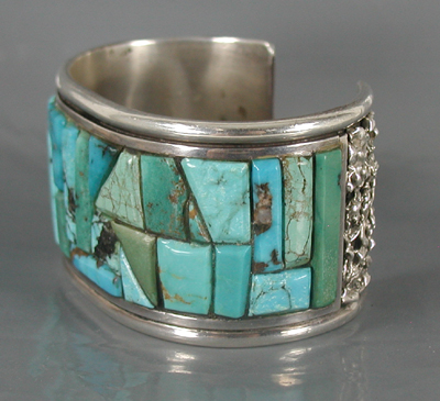 Authentic Native American Sterling Silver Turquoise Cobblestone Inlay Bracelet 7 inch by Zuni artisan Arlan Gasper