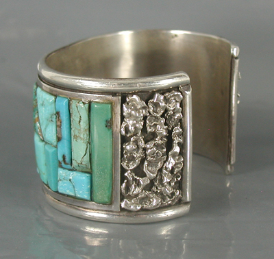 Authentic Native American Sterling Silver Turquoise Cobblestone Inlay Bracelet 7 inch by Zuni artisan Arlan Gasper