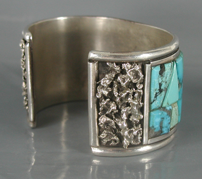 Authentic Native American Sterling Silver Turquoise Cobblestone Inlay Bracelet 7 inch by Zuni artisan Arlan Gasper