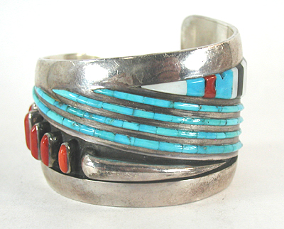 Authentic Native American Sterling Silver Turquoise and Coral Inlay Bracelet 6 inch by Navajo artisan Jimmie King Jr.